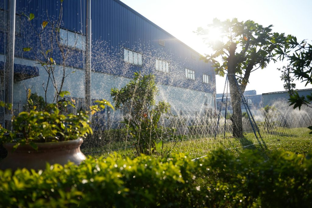 La lumière du soleil filtre à travers les arroseurs automatiques qui arrosent une pelouse verte.